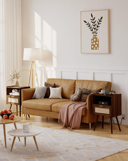 Rattan Nightstand with Outlet,Modern Bedside Table with Storage Drawer and Open Wood Shelf, for Living Room, Bedroom and Small Spaces, Accent Night Stand with Solid Wood Legs,Walnut Brown