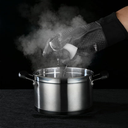 Kitchen Oven Gloves - Dual-Layer Heat Resistant Grilling Gloves, Silicone Oven Mitts with 5 Fingers, Waterproof Non-Slip Pot Holder for Barbecue, Cooking, Baking (Small, Black Long)