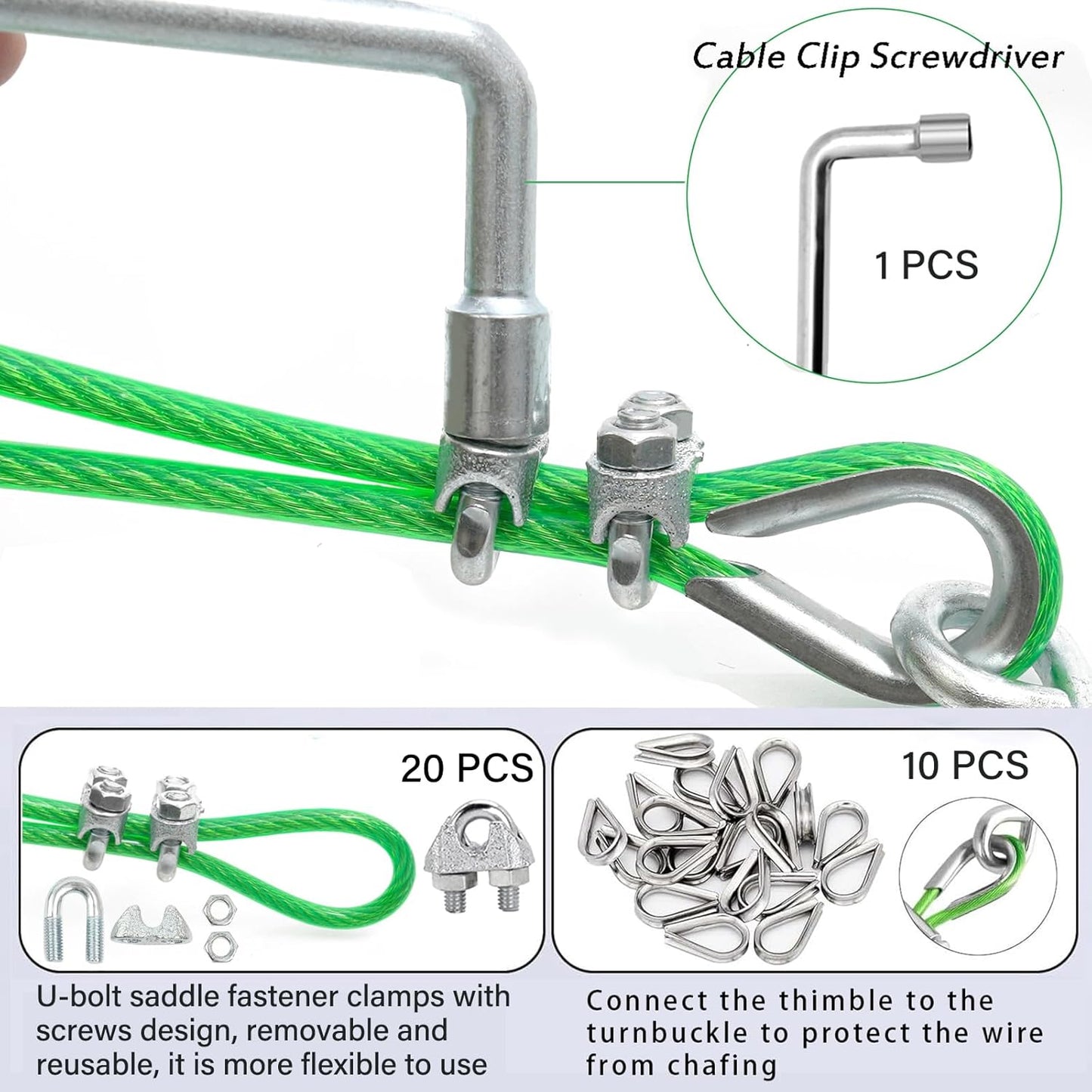 1/8" Wire Rope, 100 Ft PVC Coated Wire Cable Metal Steel Cable Trellis Kit, Multi-use Clothes Line for T Post/Climbing Grapevines Plants Outdoor/String Light Hanging Kit