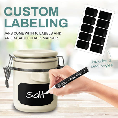 Home Intuition 4-Piece Ceramic Kitchen Canisters Set, Airtight Containers with Wooden Spoons Reusable Chalk Labels and Marker for Sugar, Coffee, Flour, Tea (Off White)