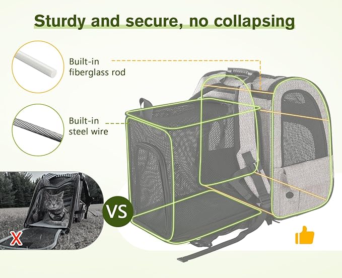 Pecute Pet Carrier Backpack, Large Cat Carrier Backpack, Expandable Cat Backpack with Breathable Mesh for Medium Large Cats, and Small Dogs, Dog Backpack Carrier for Travel Hiking Khaki