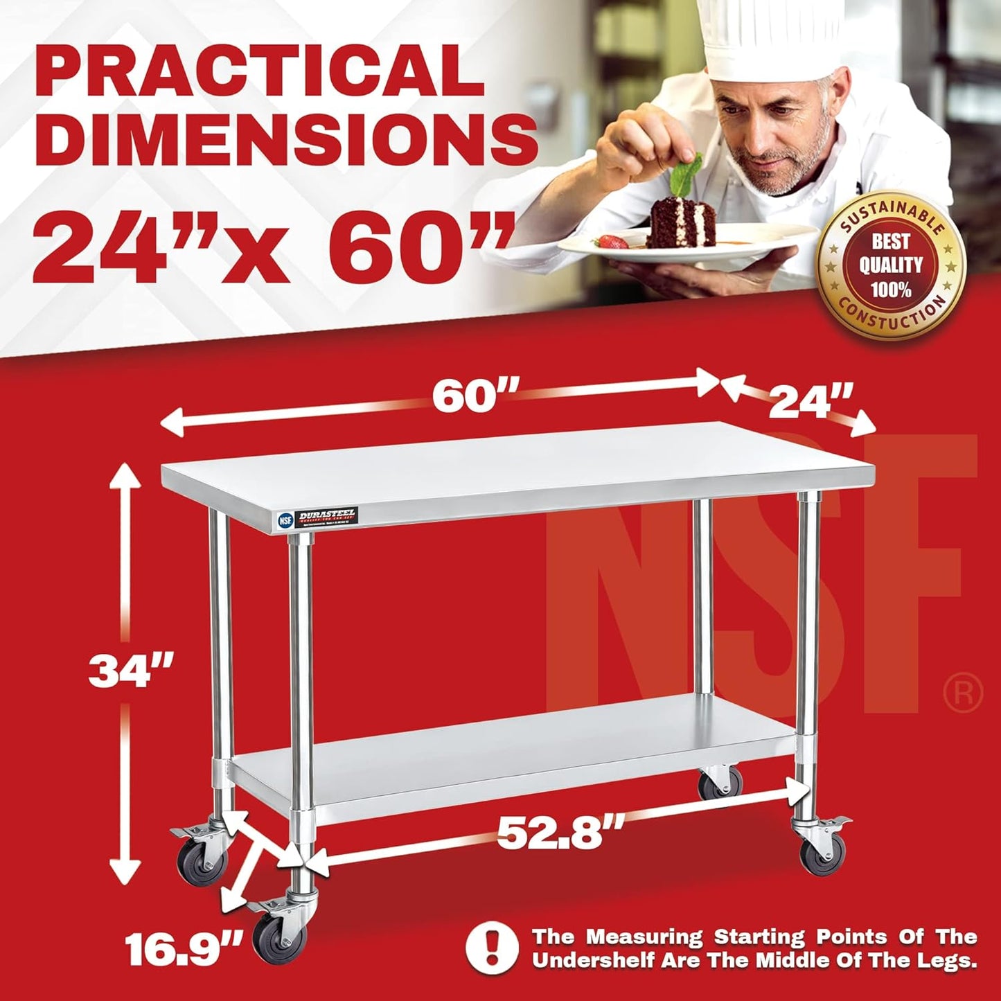 DuraSteel 24x60 NSF Stainless Steel Cart - Heavy Duty Food Prep Table with Undershelf - Rolling Kitchen Island on Wheels for Commercial Restaurant Kitchen, Garage, Outdoor Cooking, BBQ Grill, Counter