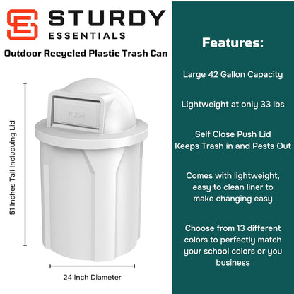 42 Gallon Circle 100% Recycled Plastic Heavy Duty Outdoor Commercial Trash Can with Push Open Dome Lid and Internal Liner | Great for Schools and Businesses - White
