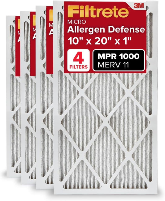 Filtrete 10x20x1 AC Furnace Air Filter, MERV 11, MPR 1000, Micro Allergen Defense, 3-Month Pleated 1-Inch Electrostatic Air Cleaning Filter, 4 Pack (Actual Size 9.81x19.81x0.81 in)