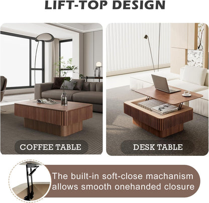 Lift Coffee Table with Storage & Adjustable Height, Solid Wood Coffee Table Fluted Center Table Accent Tea Table or Living Room, Apartment, Office (38.6" Walnut)