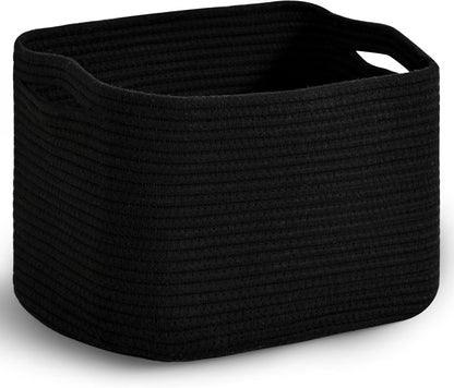 Woven Cotton Rope Storage Basket for Organizing, Cute Decorative Baskets for Gifts Empty, Organizer Bins for Dog Toy, Baby Laundry, 15“×11”×9.5“, Black