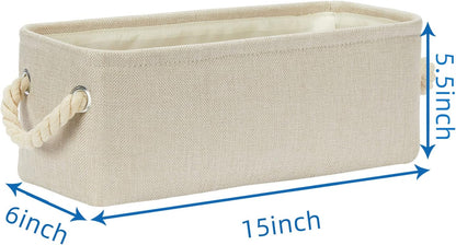 Temary Small Fabric Storage Baskets for Storage Home, Narrow Rectangle Basket with Rope Handles, Decorative Basket for Organizing Toilet Tank Top, Towels, Toilet Paper (Beige, 15Lx6Wx5.5H Inches)