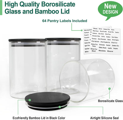 Urban Green Glass Jars with Black Lids, Glass food storage container sets with black lids, Airtight Canisters Sets with Bamboo Lids. Pantry Jar (3 Pack of 48oz)