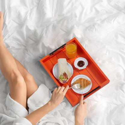 Ottoman With Handle for Living Room - Set of 4 Natural Wooden Coasters - Rustic Serving Tray for Coffee Table - Kitchen Decorative Tray With Handles (Orange)