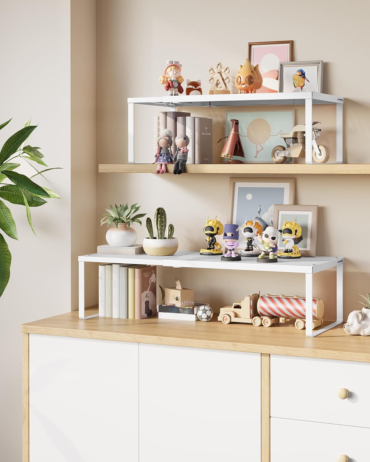 SONGMICS Spice Racks, Set of 2 Expandable Kitchen Countertop Shelves, Small Cupboard Organizers, Metal, Space-Saving Tabletop Shelves, Matte White UKCS402W01