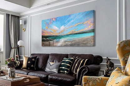 Arjun Ocean Teal Wall Art Canvas Coastal Beach Painting Blue Turquoise Landscape Sunset Picture, Panoramic Gold Foil Textured Large Artwork Framed for Living Room Bedroom Bathroom Wall Decor 48"x24"