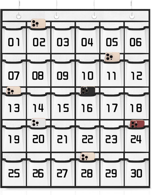 Loghot Classroom Accessories Closet Pocket Chart for Cell Phones Holder Wall Door Hanging Organizer (30 Pockets White)