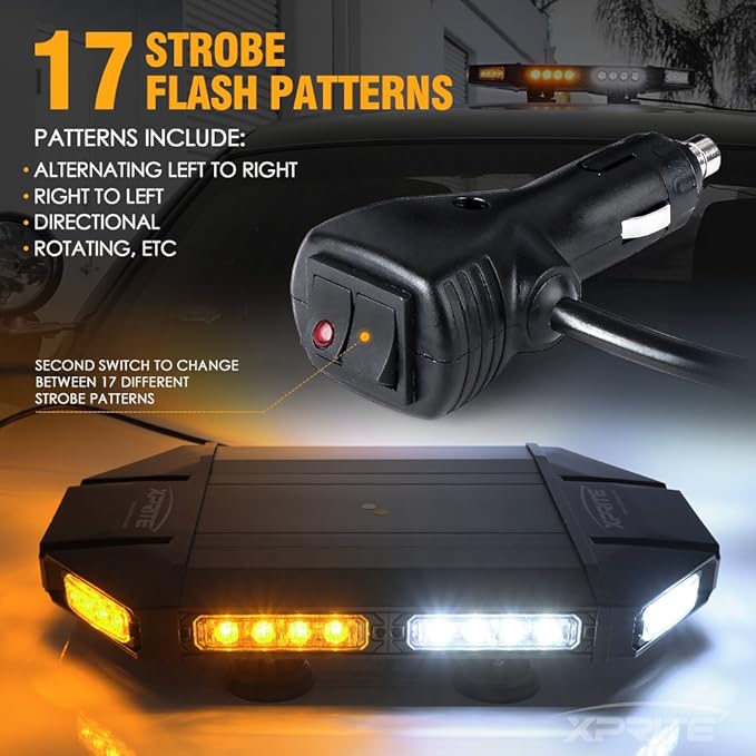 Xprite 18" White & Amber LED Emergency Rooftop Strobe Light Bar, Magnetic-Mounted Strobe Lights for Trucks, High-Intensity Warning Beacon for Tow, Construction, Snowplow, Patrol Vehicles