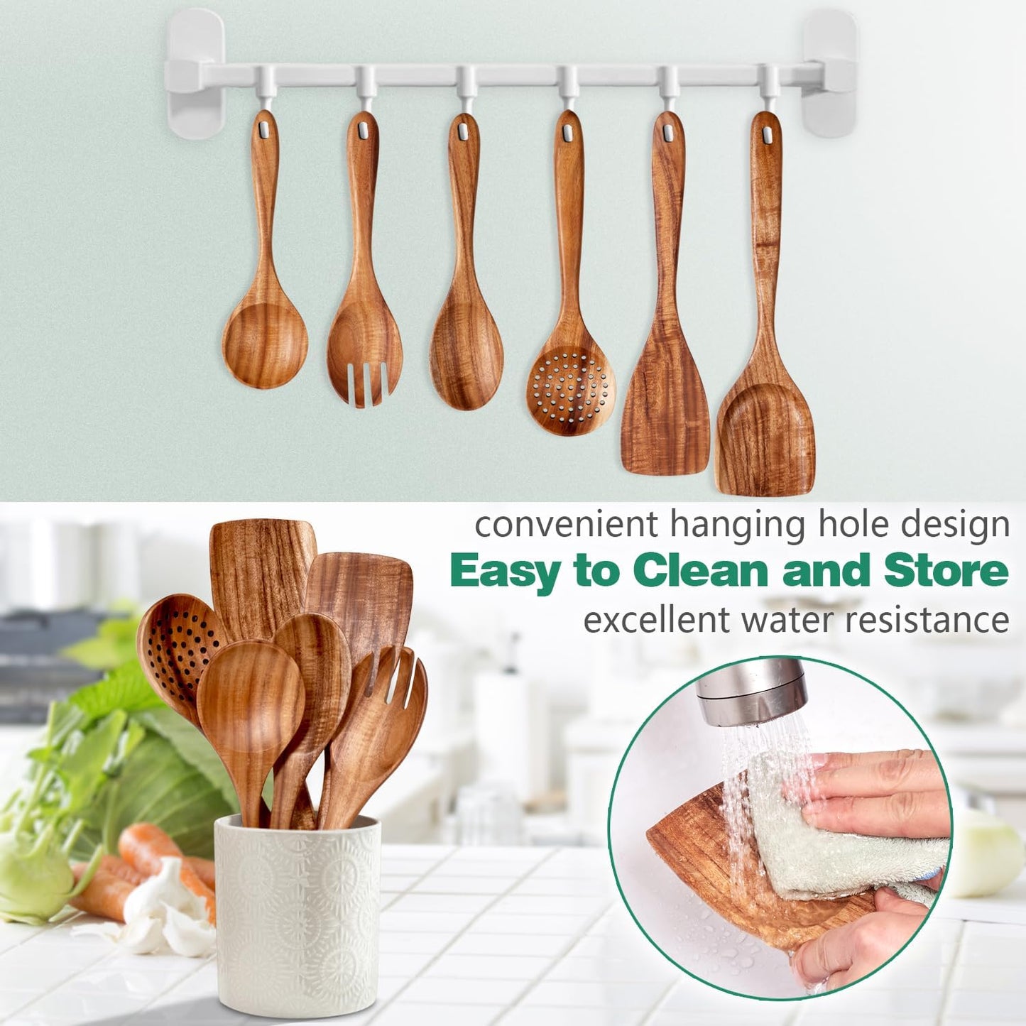 Wooden Spoons for Cooking 6 Piece - Natural Teak Wood Kitchen Utensils Set - Smooth Finish Soft Comfort-Grip Safe for Nonstick By HOWHONG