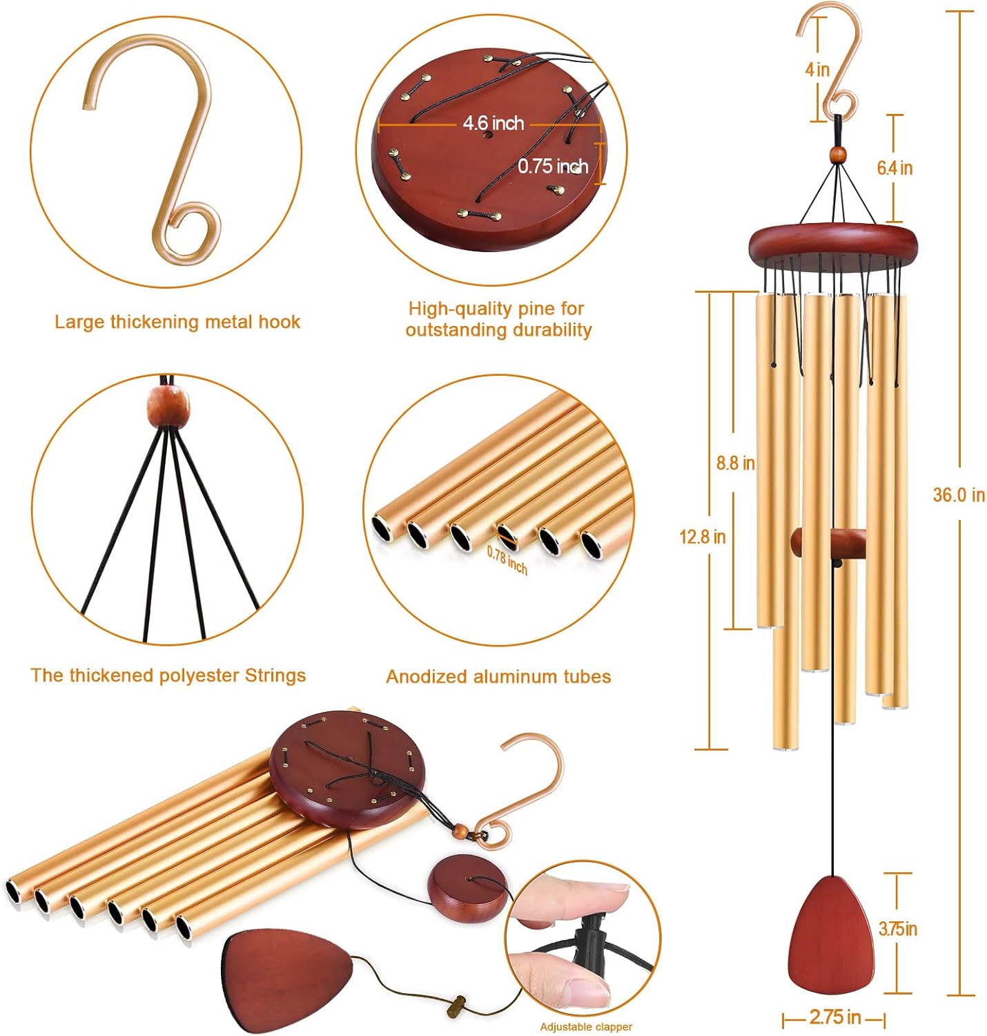 Large Aluminium Wind Chimes Outside, Soothing Melodic Memorial Sympathy Wind Chime, Suitable Outdoor Garden Decor, Gift for Mom Women Neighbors (Gold Wind Chimes-36)