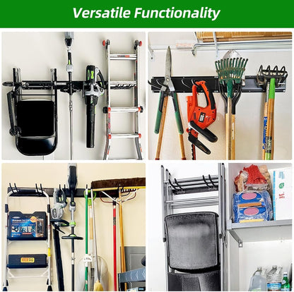 Garage Organization, Garage Wall Organizer with 48 inches Rails and 6 Hooks, Tool Organizers Heavy Duty, Shovel Holder Wall Mount Max Load 360 LBS, Sturdy Garden Tool Rack for Folding Chairs