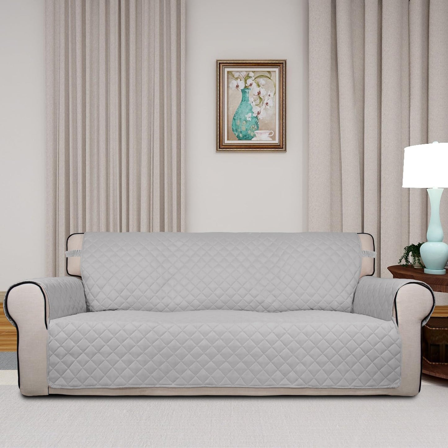 PureFit Reversible Quilted Sofa Cover, Water Resistant Slipcover Furniture Protector, Washable Couch Cover with Non Slip and Elastic Straps for Kids, Dogs, Pets (Sofa, Light Gray/Light Gray)