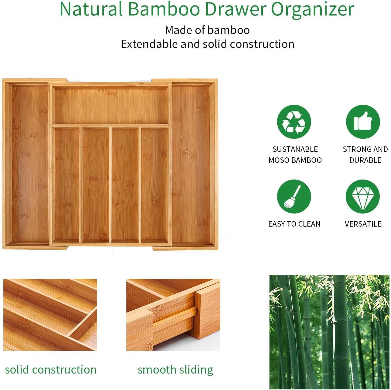 Utoplike Bamboo Cutlery Tray Silverware, Drawer Dividers for Kitchen Utensils, Flatware Tray Drawer Insert for knives, Gadgets and Garage Tools, Office Supplies