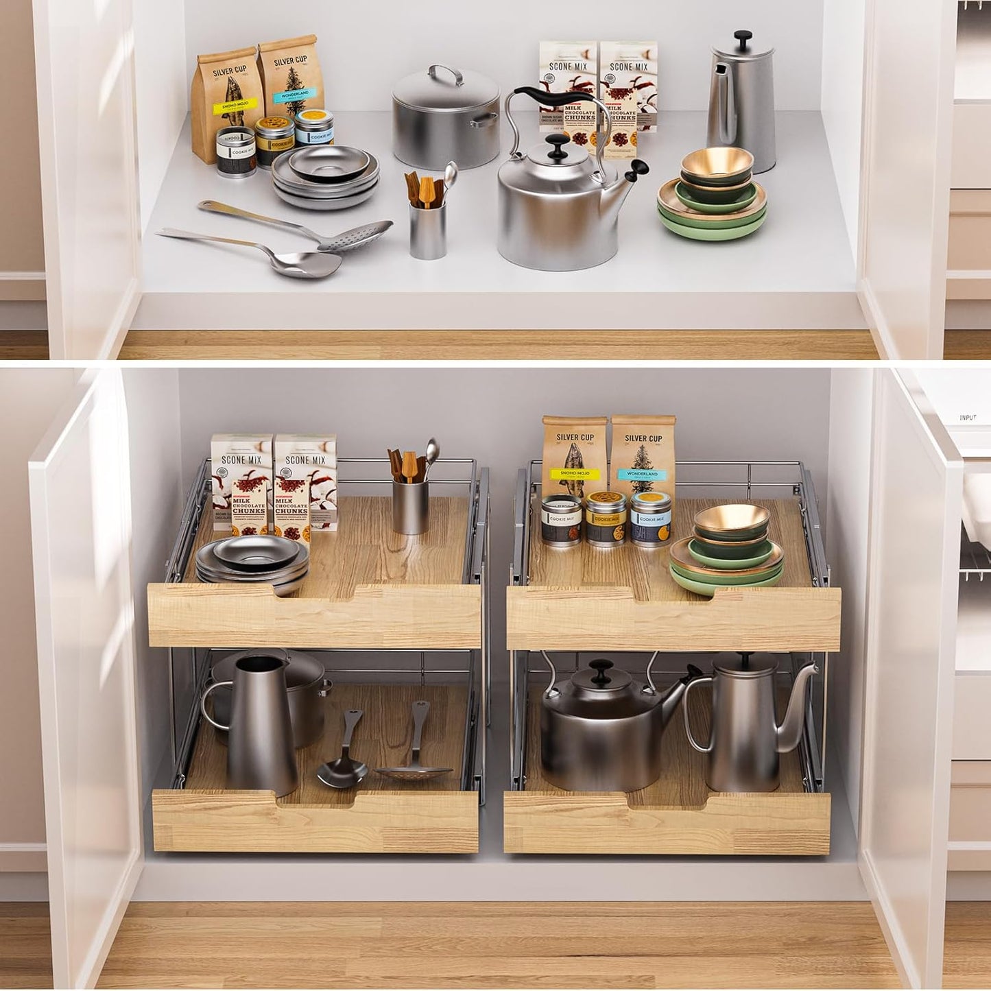 Pull Out Cabinet Organizer,Heavy-Duty Slide Out Shelf, Wood and Wire Basket, Pull Out Drawer for for Kitchen Under Sink Space, Pantry, Bathroom, 2 Tie 20 * 21 in