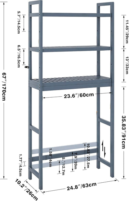 SMIBUY Bathroom Storage Shelf, Bamboo Over-The-Toilet Organizer Rack, Freestanding Toilet Space Saver with 3-Tier Adjustable Shelves (Grey)