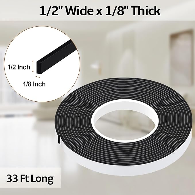 1/2 in Wide x 1/8 in Thick x 33FT Window Sealing Tape,Weather Stripping Door Seal,Foam Insulation Tape,Single-Sided Self-Adhesive Foam Strips,Black