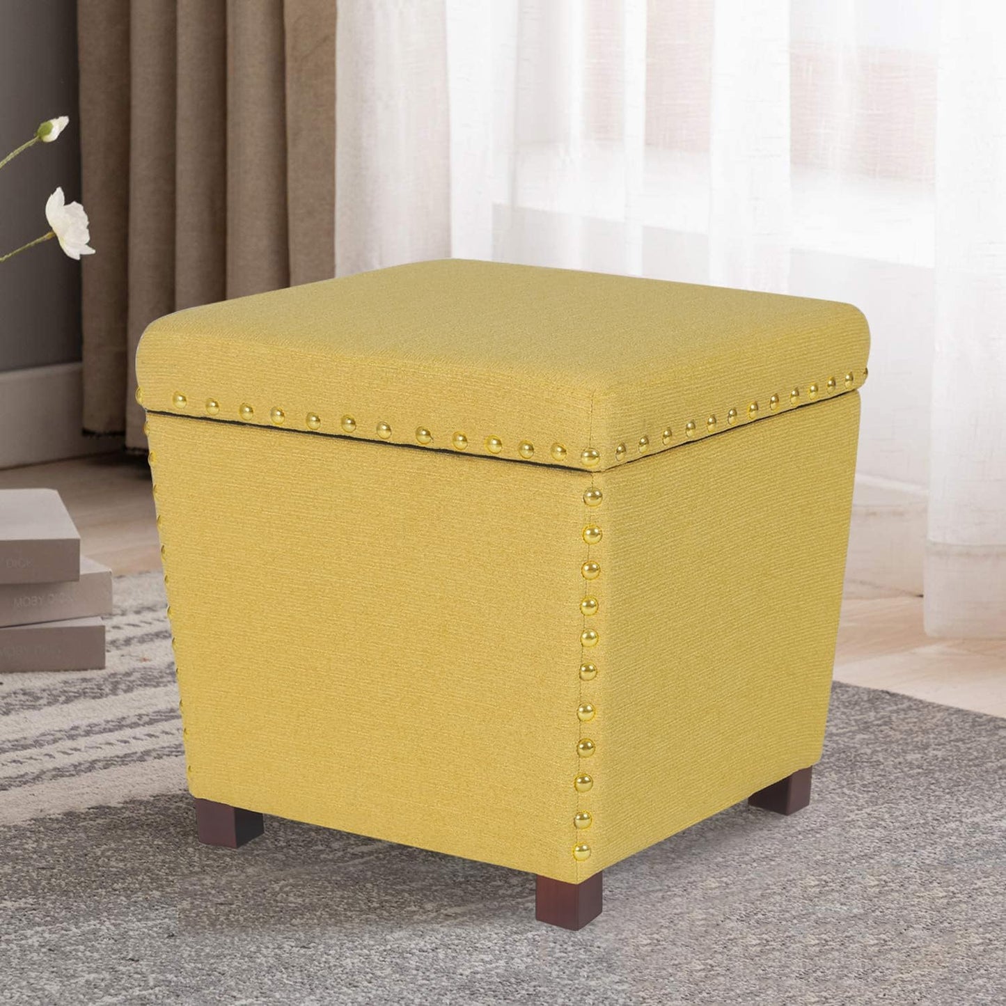 Adeco Square Storage Ottoman with Hinged Lid, Modern Accent Bench Footrest Stool, Coffee Table for Living Room Bedroom,Yellow Large