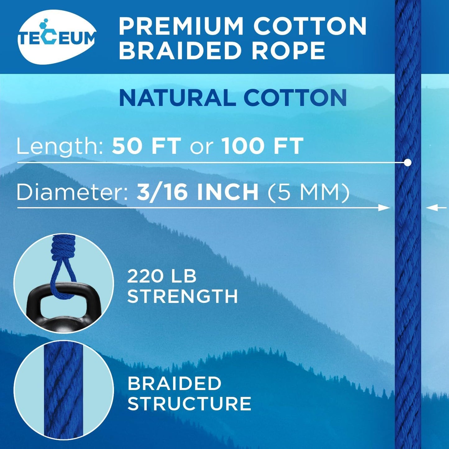 TECEUM Cotton Rope 3/16” (5 mm) – 50 FT – Strong All-Purpose Braided Rope – Natural Cotton – for Crafting, Сamping, Clothes Line, DIY, Indoor & Outdoor Use – Blue