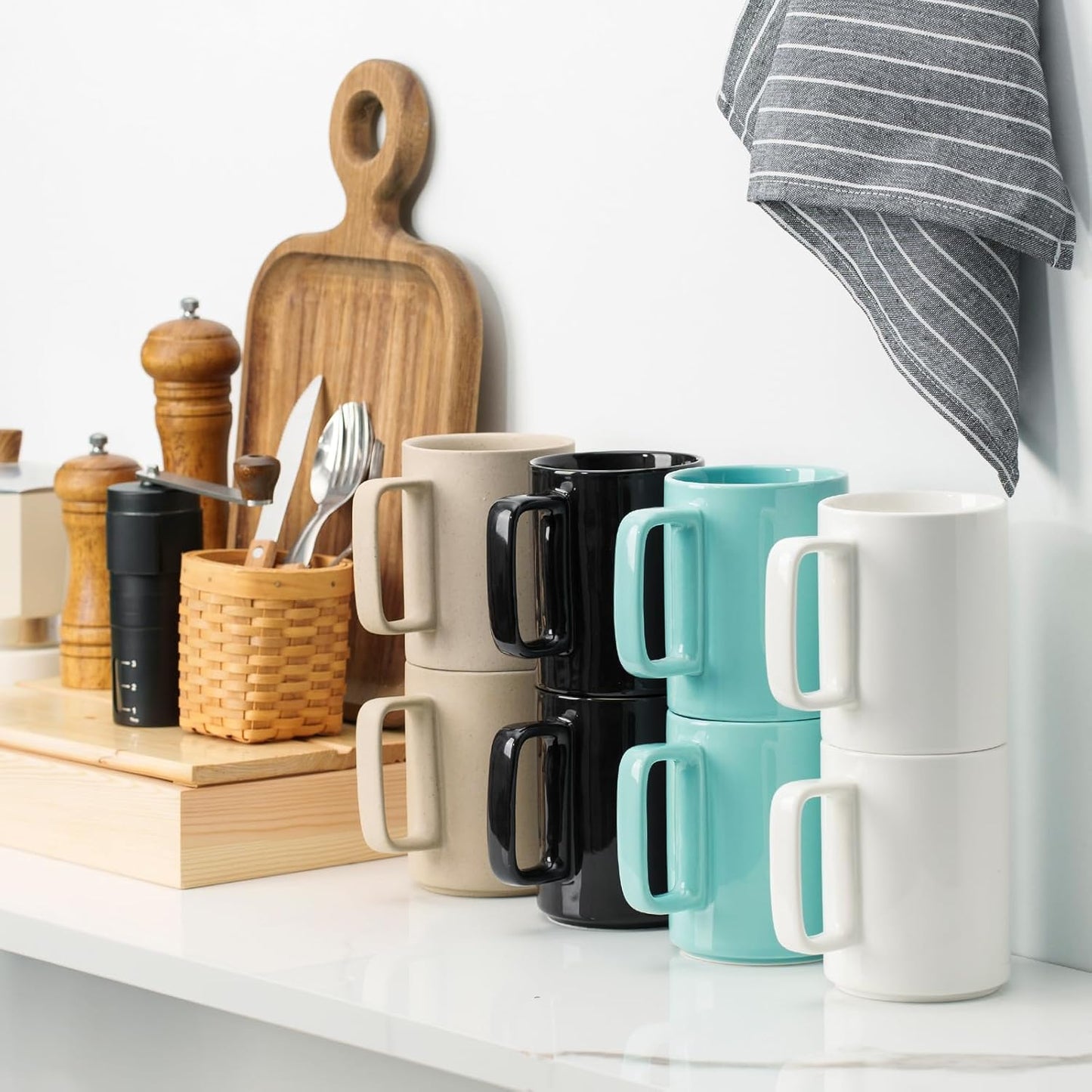 E-liu Porcelain Tea Mugs Coffee Mug Set, Large 15 Ounces Cups for Coffee, Tea, Cocoa, and Mulled Drinks, Set of 6, Unglazed (Natural)