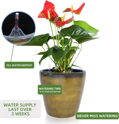 Dexceder 18x17 Self Watering Planter with Wheels Indoor Outdoor, Inner Pot Design, Thickened Large Floor Standing Flower Plant Pot with Water Level Indicator (Yellow Brown Gradient)