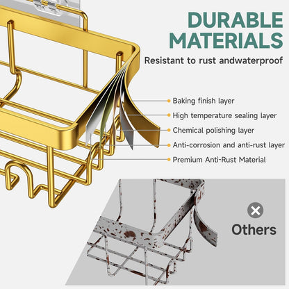 Veken Adhesive Shower Caddy 6-Pack,Gifts for Women Mom,Heavy Weight Bearing,Large Wall Mounted Bathroom Shelves Rack,Organizer Storage Accessories with Soap Dish&Toothbrush Holder,Bright Gold