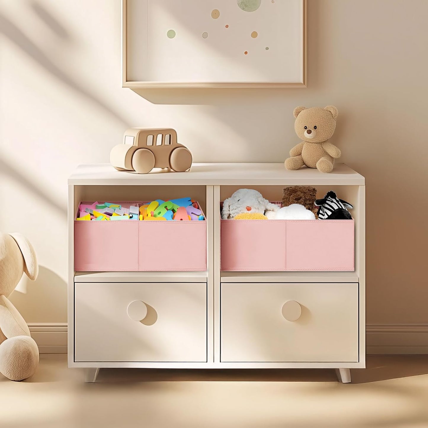 DIMJ Large Closet Shelf Organizer Bins 8 Packs with Handles and Divider, Fabric Trapezoid Storage Baskets, Foldable Clothes Containers Box for Shelf, Towel, Book, Toy, Purse, Hats, Pink