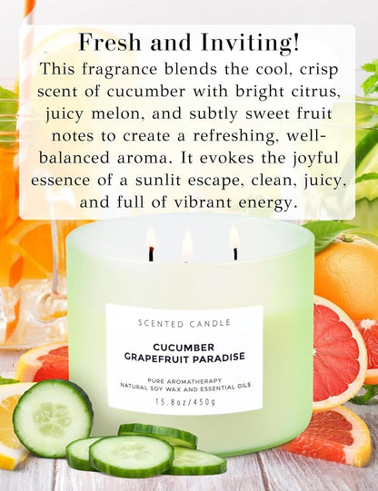 Cucumber Grapefruit Paradise 3-Wick Scented Candle | Large Soy Candle for Home 15.8 oz | Fresh Fruity Citrus Summer Aromatherapy Candle, Long Lasting Stress Relief & Relaxation Candles for Men & Women