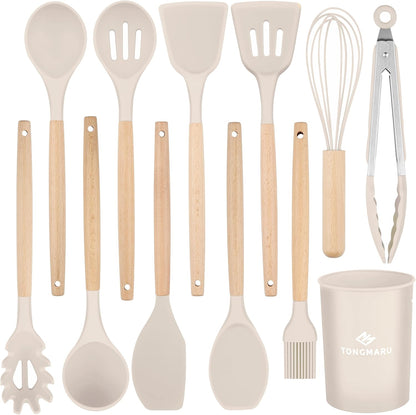 Silicone Cooking Utensils Set, Premium Beech Wood Handle Kitchen Gadgets Utensil Set, Non-Stick Kitchen Utensils Spatula, Tongs, Turner, Whisk, Brush, Spoon, BPA FREE, 446°F Resistant (Khaki)
