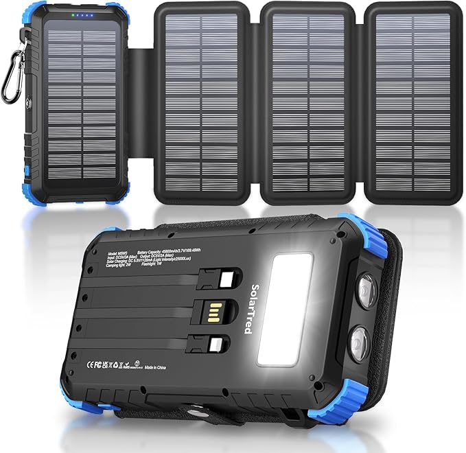 Solar Power Bank 45800mAh with 4 Panels, Portable Solar Charger with Build-in 3 Cables for iPhone, USB C in/Output 15W Fast Charging External Battery Pack with Flashlight & Camping Light
