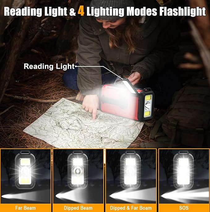 Emergency Weather Radio, 20000mAh Solar Hand Crank NOAA AM FM Radio, Battery Powered, SOS Alarm, LED Reading Lamp & Flashlight for Home Hurricane Outdoor Survival (Red)