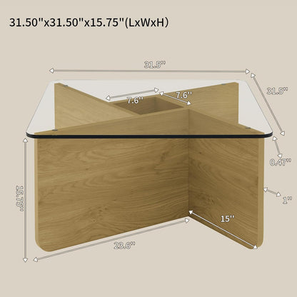 31.5" Glass Coffee Table, MDF Mid-Century Modern Square Coffee Table with Tempered Glass Top, Square Center Tables for Small Space Living Room Office Apartment, Wood