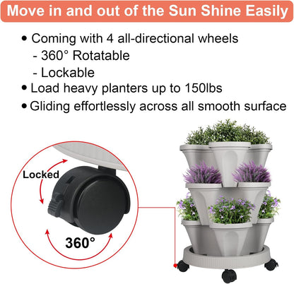 Vertical Planter 3 Tier Stackable Planters Garden Planters Strawberry Herb Flower and Vegetable Planter Indoor Outdoor Gardening Pots with Removable Wheels and Tools