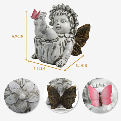 Garden Fairy Outdoor Solar Decor, Resin Ornaments for Patio Lawn Yard Porch, Playful Garden Flower Fairy Statues for Outside Angel Gifts, 7.91 Inches Tall
