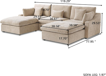 JACH U Shaped Sectional Couches, Cloud Sectional Couch with Deep Seat, 119" Down Filled Modular Sofa with Chaise, Covers Removeable & Washable, Sofas Furniture for Living Room, Khaki