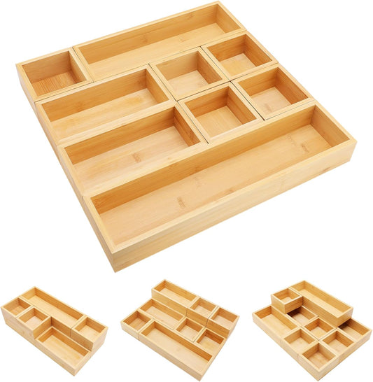 Bamboo Drawer Organizer Set, 9 PCS Multi-Use Individual Wood Storage Organizers, Junk Drawer Divider and Storage Trays Containers for Kitchen, Bathroom, Office Desk, Makeup, Jewelry, Utensils