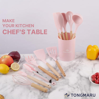 Silicone Cooking Utensils Set, Premium Beech Wood Handle Kitchen Gadgets Utensil Set, Non-Stick Kitchen Utensils Spatula, Tongs, Turner, Whisk, Brush, Spoon, BPA FREE, 446°F Resistant (Pink)
