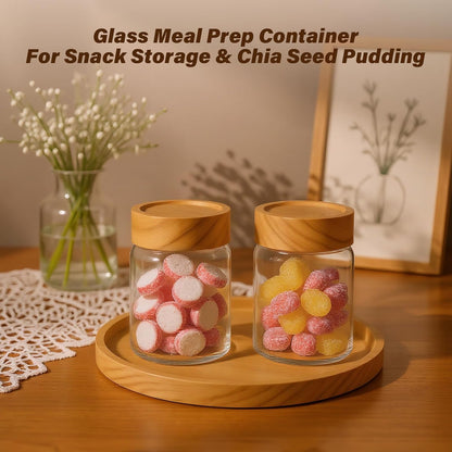 2pc Glass Mason Jars with Acacia Wood Airtight Lids - Overnight Oats & Food Storage Container Set, Clear Stackable Leakproof Kitchen Canisters for Meal Prep/Snack Organization/Spice Storage