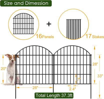 Metal Garden Fence 28in (H) x 37.3ft (L), 16 Panels + 17 Stakes Dog Fences Border Fence Animal Barrier, No Dig Garden Fencing for Yard Flower Bed Patio Outdoor, CTW2816 Black