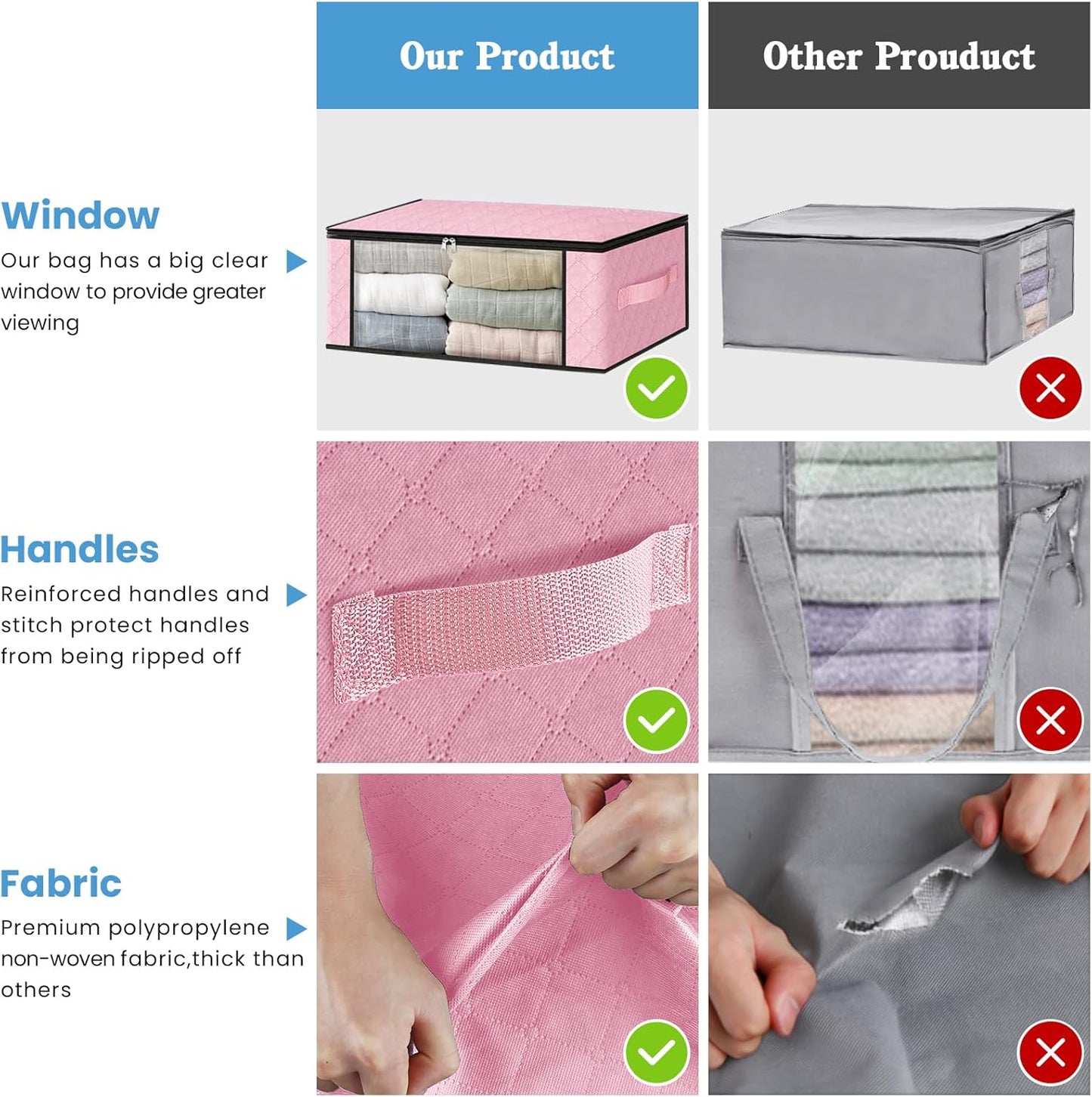 HomeHacks Storage 10-Pack Clothes Organizer Storage Bags Foldable Storage Box with Large Clear Window Sturdy Handles for Closet, Dorm, Pillows, Bedding, Clothes, Blankets, 35L, Pink