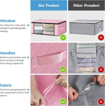 HomeHacks Storage 10-Pack Clothes Organizer Storage Bags Foldable Storage Box with Large Clear Window Sturdy Handles for Closet, Dorm, Pillows, Bedding, Clothes, Blankets, 35L, Pink
