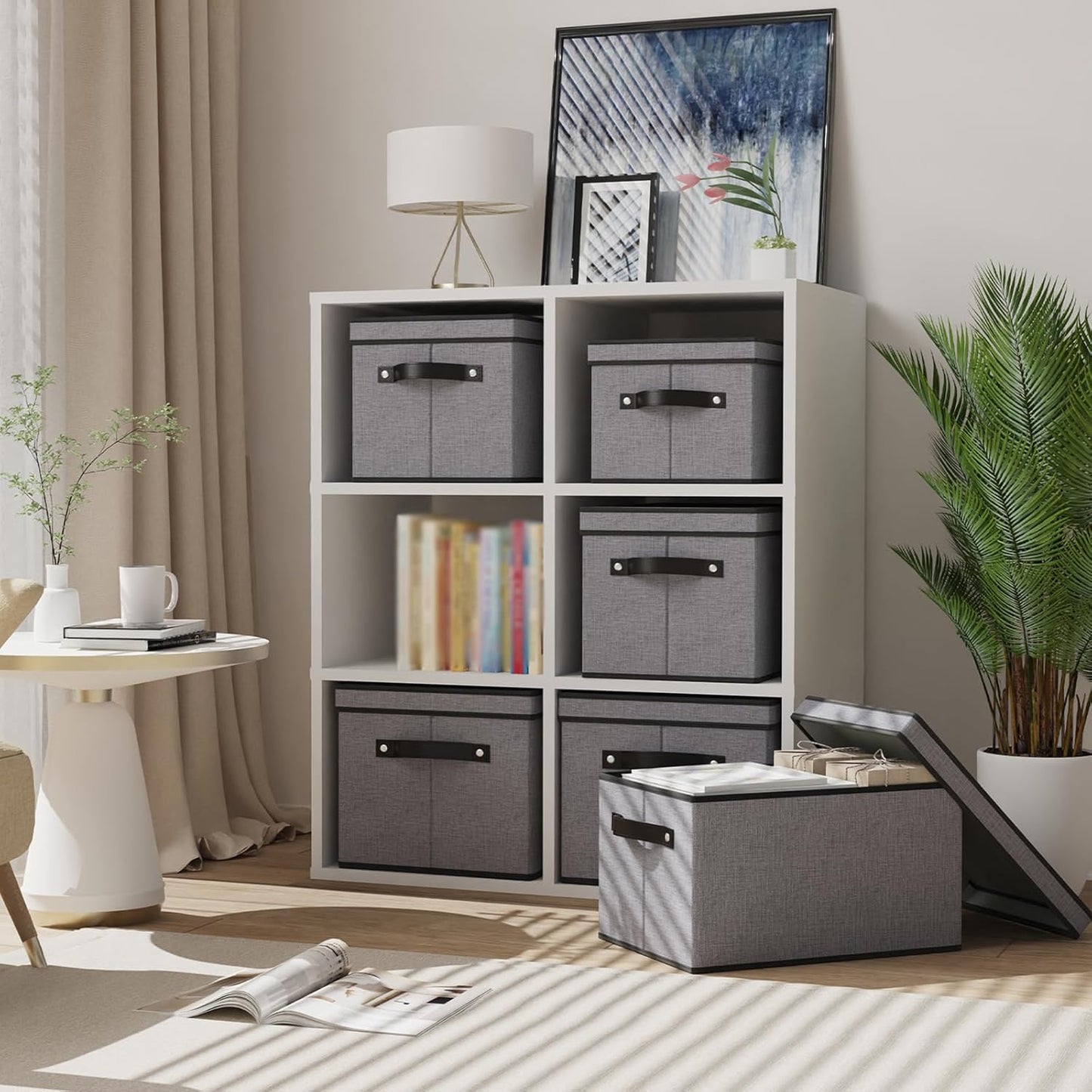 Storage Boxes, 15 x 9.8 x 8.3 Inch Baskets for Organizing with Lids, Fabric Bins with Handles, Decorative Linen Closet Organizers, Gray, 5 Pack