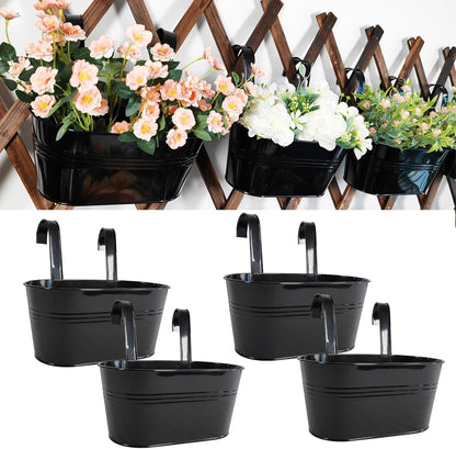 4 Pack Metal Hanging Planter for Outdoor Plants, 10 Inch Black Fence Planters Railing Pots for Garden Patio Balcony Decor, Flower Bucket with Detachable Hooks (Black, 4Pcs)