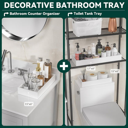 Bamboo Drawer Organizer, Extra Large Silverware Organizer for Kitchen Drawer, Stackable Utensil Organizer, 2 Pcs Toilet Tank Topper Tray, Wooden Toilet Paper Basket (White, 17 X 6 X 2 Inch)