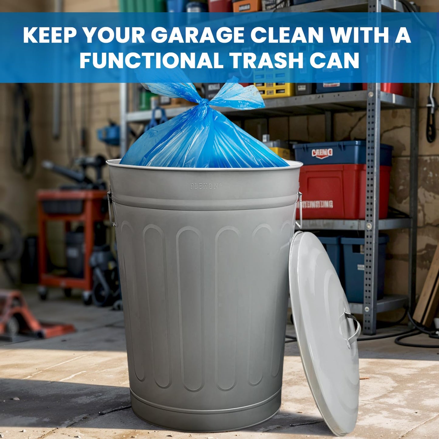 Plexon Round Trash Can 13 Gallon, Vintage Metal Outdoor Trash Can with Lid, Retro Farmhouse Garbage Container, Old School Modern Ash Bucket, Gray