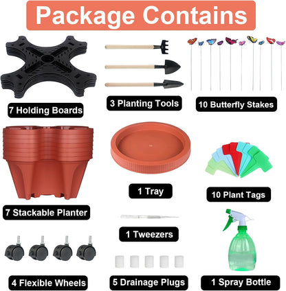 DUNCHATY Stackable Planter Vertical Strawberry Planter with Garen Tool Set Self Watering Garden Planter Indoor/Outdoor 7 Tier Garden Tower Herb Planter for Growing Vegetables and Succulents Clay Red